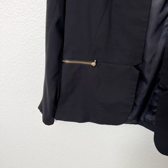[H&M] Black Gold Hardware Zip Pockets Open Front Blazer Jacket Work Career Sz 10 - Picture 9 of 11